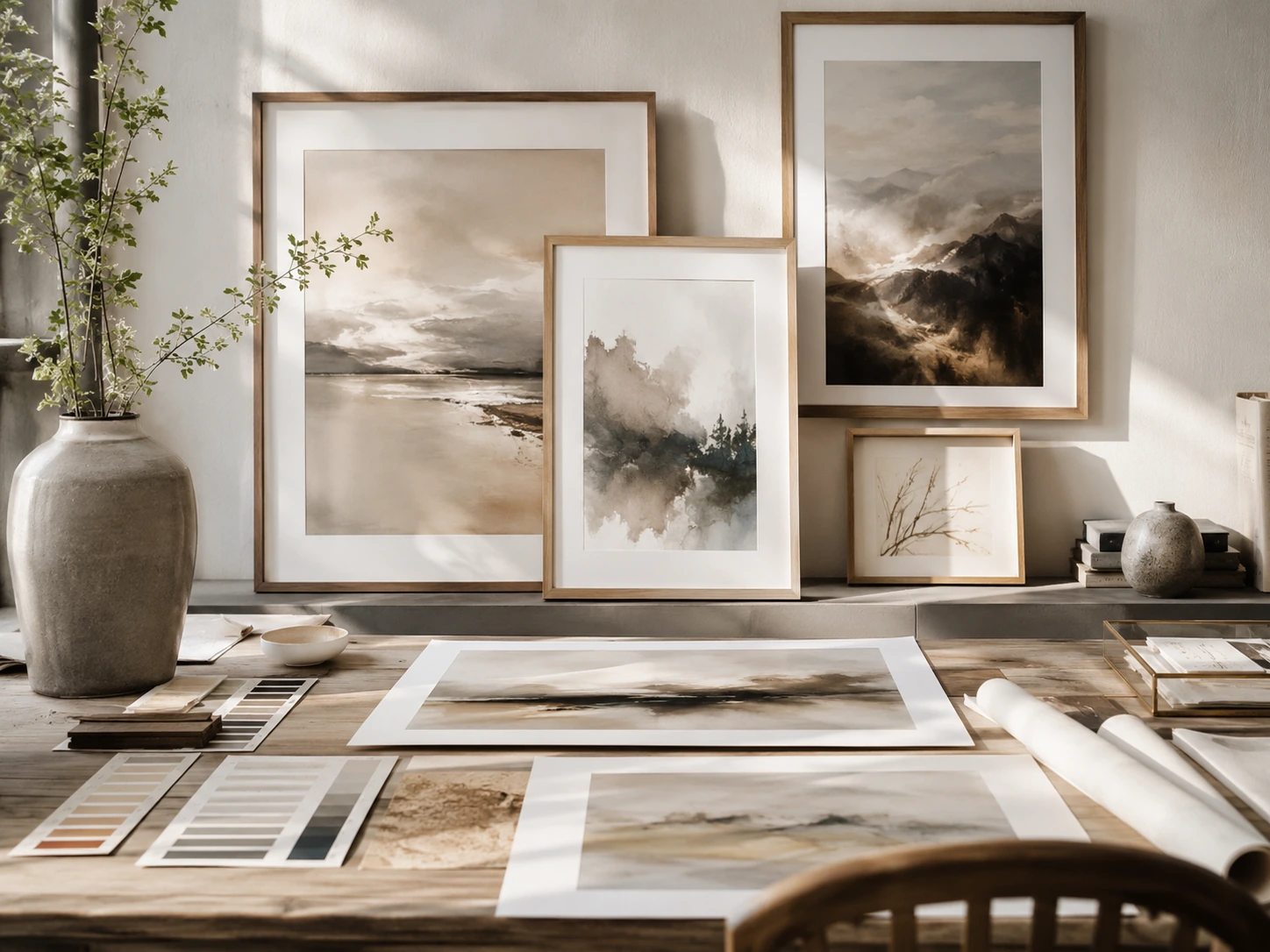Serene modern art studio workspace with framed prints and colour palettes