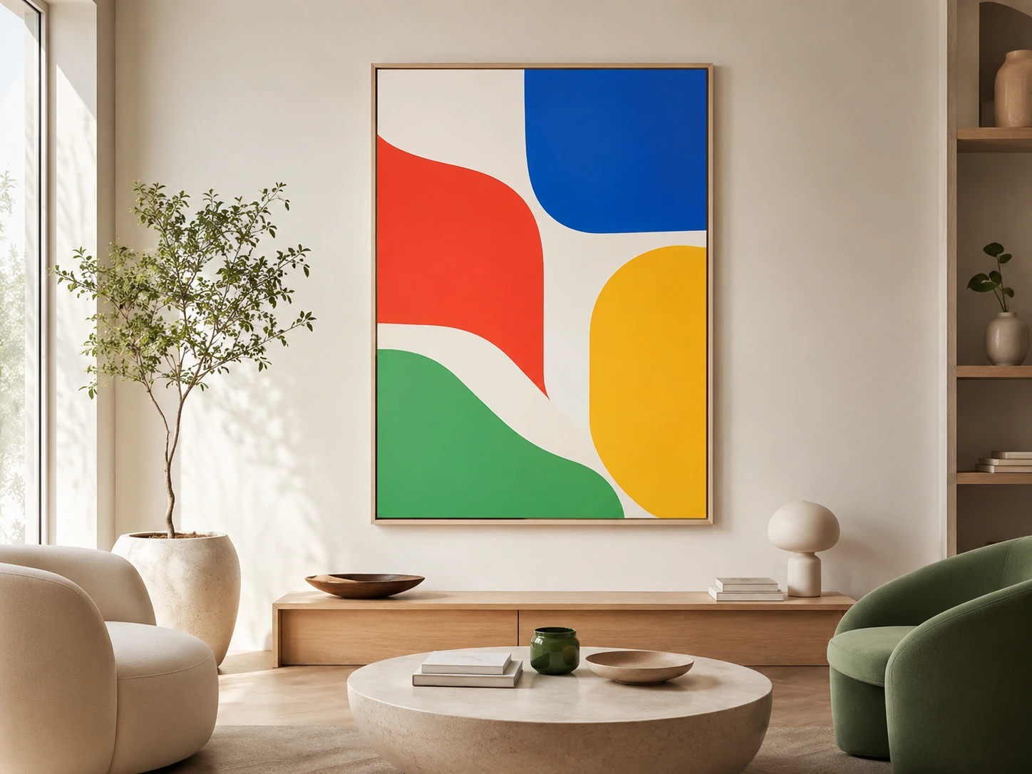 Living room with a large colourful abstract artwork in blue, red, yellow and green