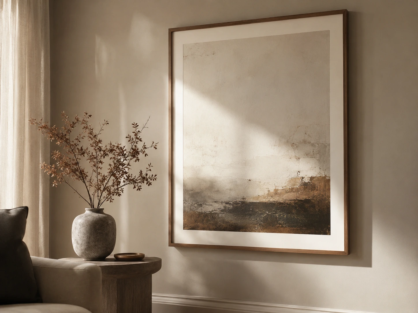 Neutral room with a large calm abstract artwork and ceramic vase