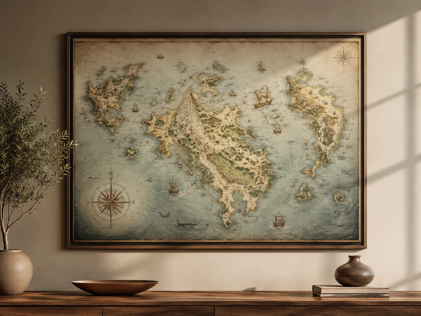 Framed fantasy map artwork above a wooden console