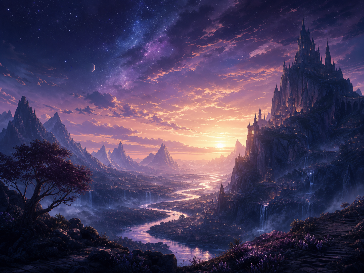 Velarion fantasy landscape artwork with a luminous river, cliffside citadel and starry twilight sky
