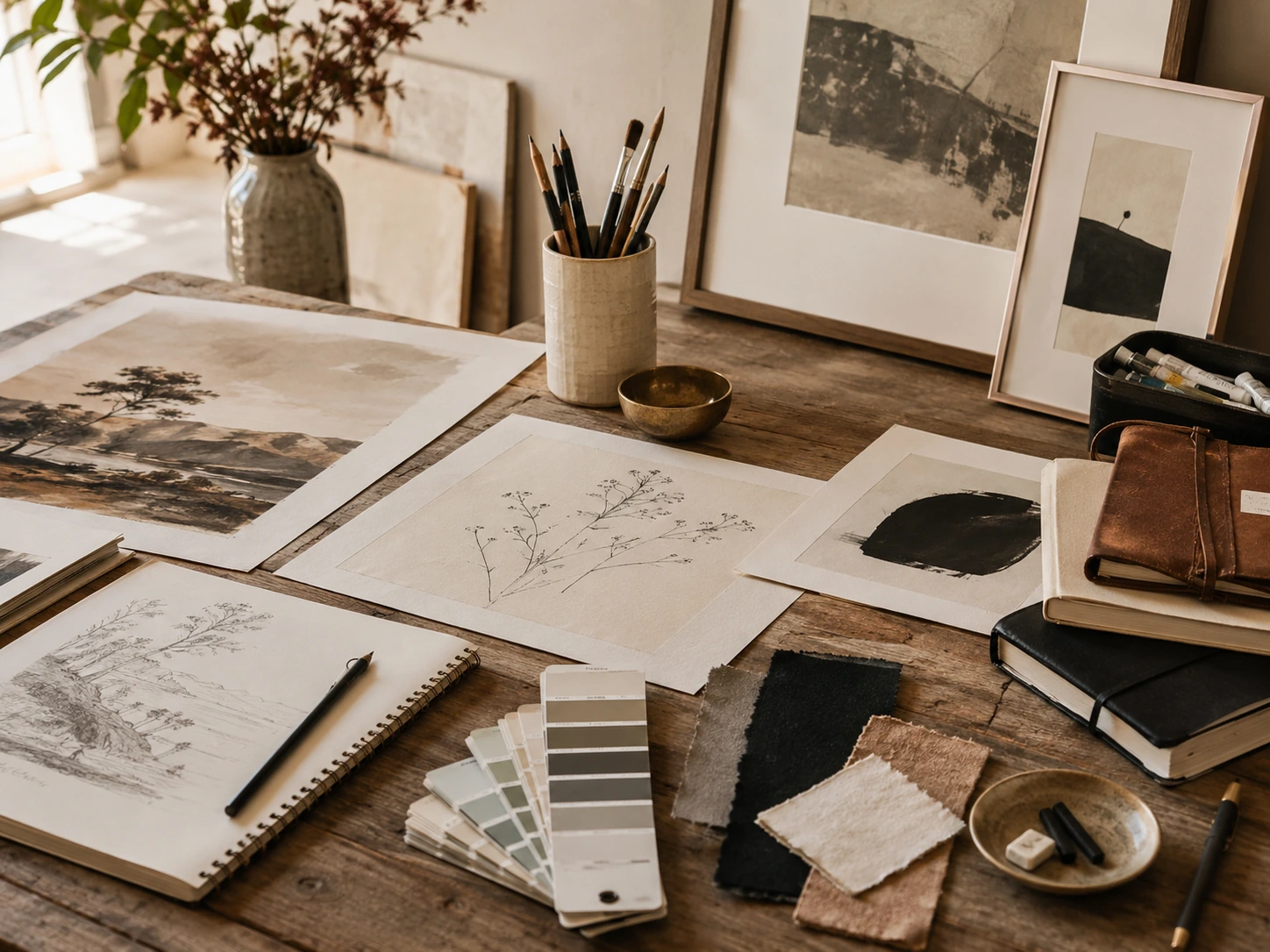 Artist desk with sketches colour cards and framed artwork